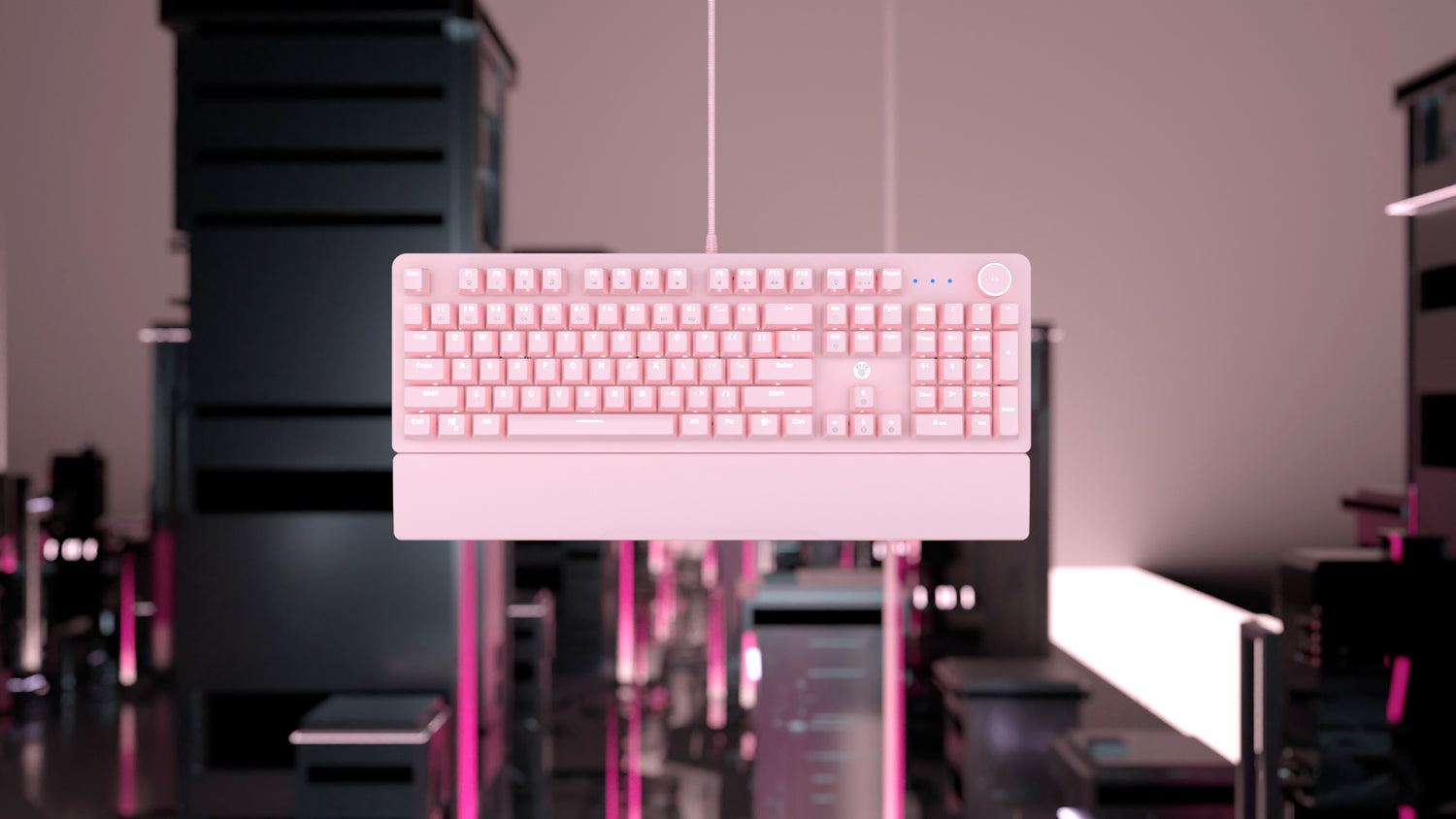 A large marketing image providing additional information about the product Fantech Mechanical Keyboard White Backlit with Wrist Rest - Sakura Pink - Red Switch - Additional alt info not provided